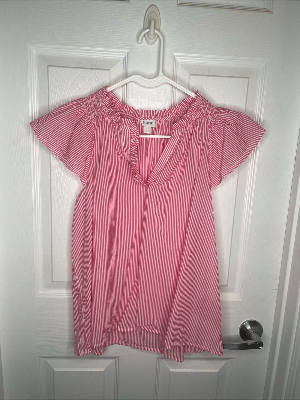 J. Crew Striped Flutter Sleeve Top CI328 Beach Coastal Vacation Pink/White L - Picture 3 of 11